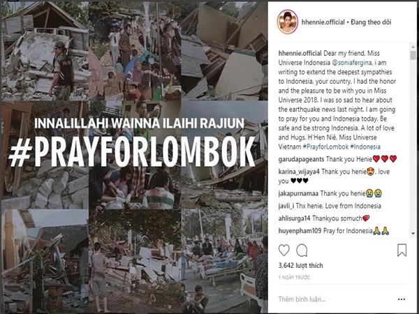 H'Hen Niê động viên Hoa hậu Hoàn vũ và người dân Indonesia sau trận động đất kinh hoàng
