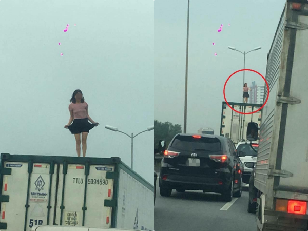 Hà Nội: Phát hiện một cô gái vô tư nhảy múa trên xe thùng container đang chạy tốc độ cao