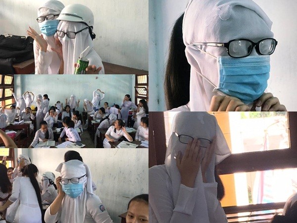 Teen Quảng Ngãi hóa "pho tượng sống" bằng cách vắt tà áo dài lên đầu, kính vẫn đeo trên mắt