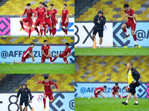 Tuyển Việt Nam dầm mưa tập luyện trước chung kết AFF Cup với Malaysia