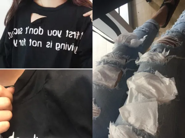 Mặc áo rách bị mẹ vá lại vì nghĩ bị... rách thật và câu hỏi: "Hết tiền mua đồ lành à?"