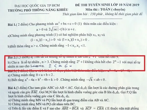 Đề thi Toán Trường Phổ thông Năng khiếu vào lớp 10 ở TP.HCM có sai sót