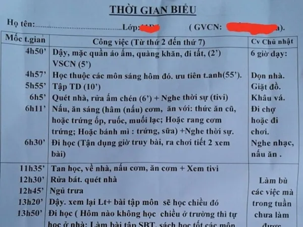 Cô chủ nhiệm siêu tâm lý, làm hẳn thời gian biểu ghi rõ lịch sinh hoạt cho học sinh của mình